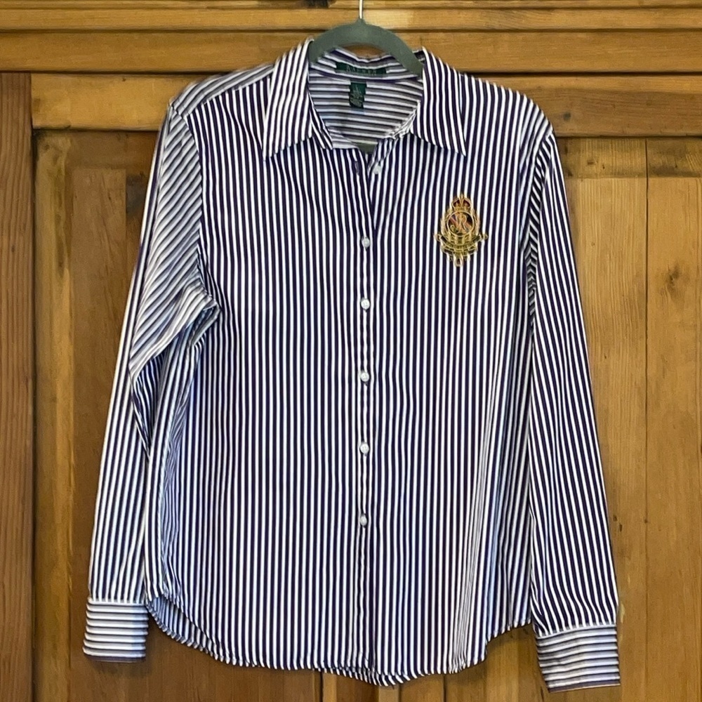 Lauren Ralph Lauren Purple Striped Regal Logo Blouse Sz. L